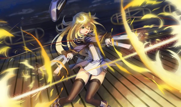 Anime picture 1448x860 with blazblue noel vermillion lamchun (2006) single long hair open mouth blonde hair wide image green eyes looking away night girl thighhighs dress gloves weapon black thighhighs hat water white gloves