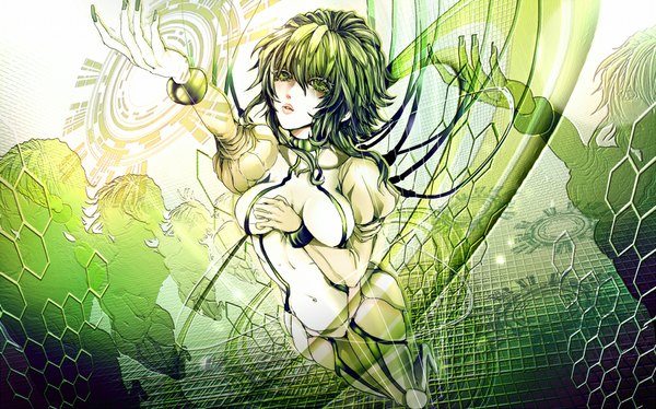 Anime picture 1000x624 with vocaloid gumi damien666-n single fringe short hair breasts wide image green eyes nail polish fingernails green hair lips girl