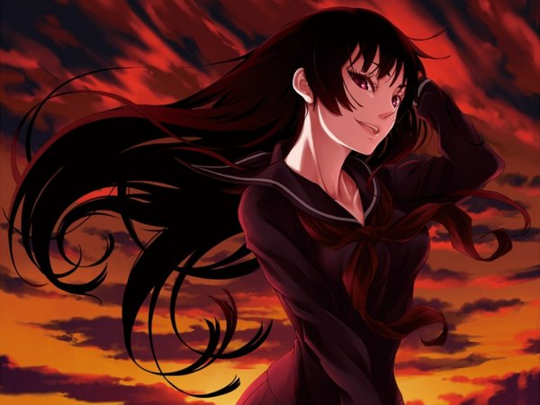 Anime picture 1600x1200 with tasogare otome x amnesia silver link kanoe yuuko maybe single long hair looking at viewer fringe open mouth black hair smile red eyes sky cloud (clouds) wind adjusting hair evening sunset girl uniform