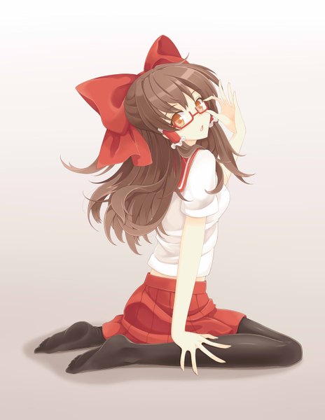 Anime picture 1200x1550 with touhou hakurei reimu fuku arashi (artist) single long hair tall image looking at viewer open mouth red eyes brown hair white background half updo adjusting glasses bespectacled girl skirt bow hair bow pantyhose glasses
