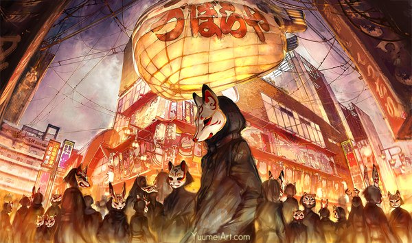 Anime picture 1500x886 with original yuumei wide image standing sky outdoors from below hand in pocket hood building (buildings) mask power lines people fox mask