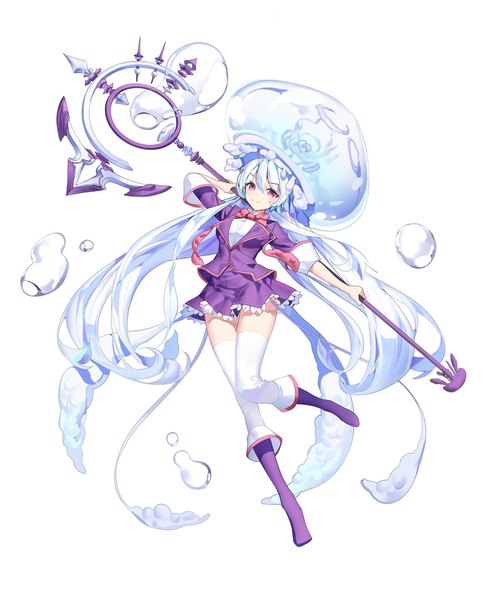 Anime picture 1500x1789 with original ronopu single long hair tall image looking at viewer fringe simple background smile white background holding bent knee (knees) arm up aqua hair girl uniform bowtie jellyfish