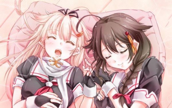 Anime picture 1280x800 with kantai collection shigure destroyer yuudachi destroyer tsukineko long hair blush open mouth blonde hair smile brown hair wide image multiple girls ahoge lying braid (braids) on back single braid saliva sleeping remodel (kantai collection)