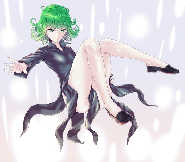 Anime picture 1312x1150 with one-punch man madhouse tatsumaki infinote single looking at viewer short hair light erotic green eyes green hair bare legs girl dress