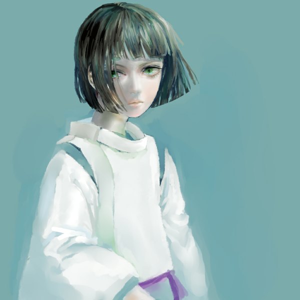 Anime picture 1000x1000 with spirited away studio ghibli haku (spirited away) sitry single fringe short hair simple background brown hair green eyes traditional clothes boy