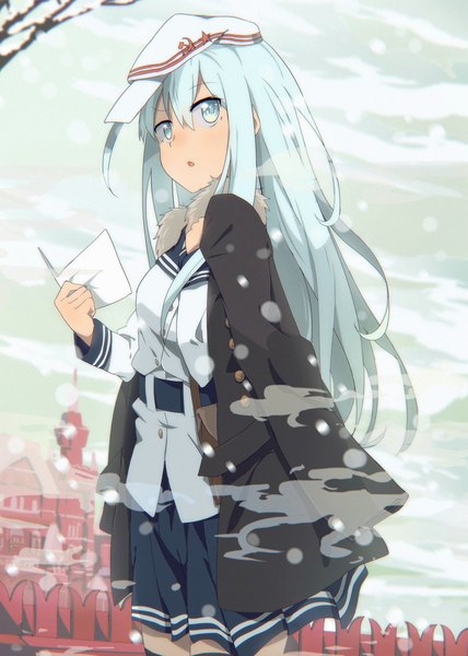 Anime picture 842x1181 with kantai collection hibiki destroyer verniy destroyer tomato (lsj44867) single long hair tall image blush fringe standing holding blue hair looking away sky parted lips pleated skirt fur trim snowing winter hammer and sickle