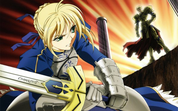 Anime picture 1920x1200 with fate (series) fate/stay night studio deen type-moon artoria pendragon (all) saber gilgamesh (fate) highres wide image