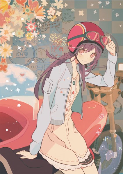 Anime picture 2023x2866 with the rolling girls wit studio misono chiaya moritomo nozomi tanu (artists) single long hair tall image blush highres brown hair brown eyes looking away light smile open jacket goggles on head girl flower (flowers) jacket heart