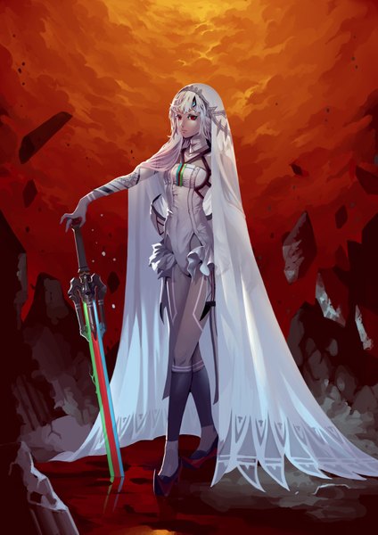 Anime picture 2480x3508 with fate (series) fate/grand order altera (fate) wangling mk san single long hair tall image looking at viewer fringe highres red eyes holding white hair blunt bangs lips tattoo high heels rock destruction girl