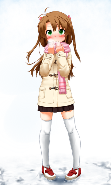 Anime picture 604x1000 with non non biyori silver link koshigaya komari buriserin single long hair tall image blush simple background brown hair white background green eyes two side up exhalation girl thighhighs white thighhighs jacket scarf