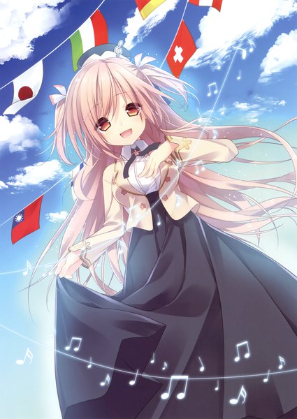 Anime picture 2479x3500 with original hatori piyoko single long hair tall image fringe highres open mouth blonde hair hair between eyes brown eyes sky cloud (clouds) scan official art girl dress musical note