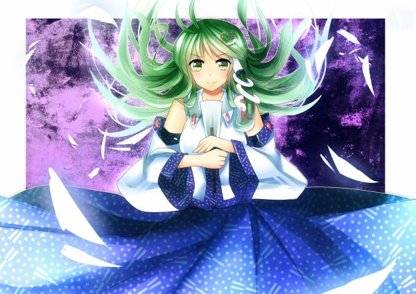 Anime picture 1200x848 with touhou kochiya sanae koyuri shouyu single long hair blush smile green eyes green hair girl hair ornament detached sleeves hair tubes snake gohei