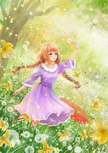 Anime picture 835x1181 with original wallace (artist) single long hair tall image fringe brown hair standing looking away braid (braids) wind twin braids freckles field girl dress flower (flowers) ribbon (ribbons) plant (plants) hair ribbon