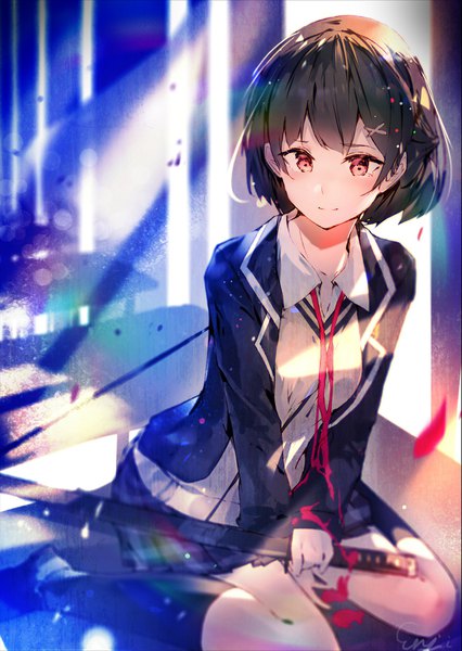 Anime picture 1183x1665 with original enj! single tall image blush fringe short hair black hair red eyes sitting holding signed looking away long sleeves light smile sunlight blurry depth of field wariza bob cut