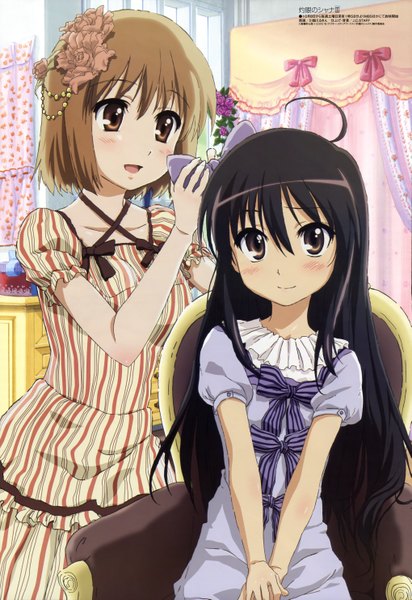 Anime picture 4073x5923 with shakugan no shana j.c. staff megami magazine shana yoshida kazumi long hair tall image blush highres short hair black hair smile brown hair sitting multiple girls brown eyes absurdres hair flower official art girl