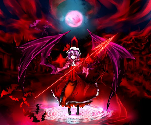 Anime picture 3000x2500 with touhou remilia scarlet acryl (artist) single highres short hair red eyes pink hair absurdres sky magic red background red moon red sky girl dress wings spear magic circle spear the gungnir