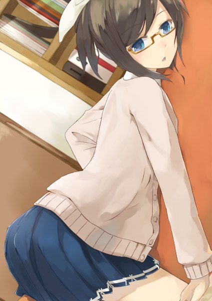Anime picture 1753x2480 with original cccpo single tall image highres short hair blue eyes black hair girl glasses sweater