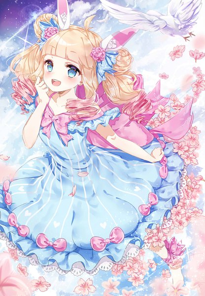 Anime picture 1024x1475 with original dmarichanb long hair tall image blush fringe open mouth blue eyes blonde hair twintails animal ears payot pink hair sky cloud (clouds) ahoge blunt bangs multicolored hair barefoot from above