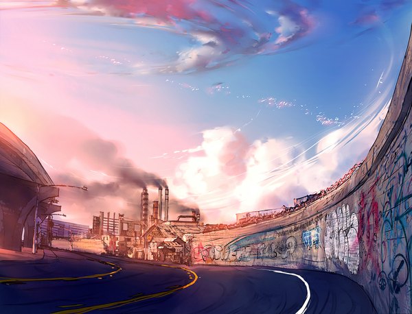 Anime picture 1000x764 with fisheye placebo yuumei sky cloud (clouds) smoke cityscape no people landscape graffiti wall house road smoke stack
