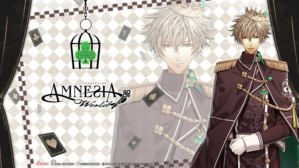 Anime picture 1920x1080 with amnesia amnesia world idea factory kent (amnesia) hanamura mai single looking at viewer fringe highres short hair blonde hair wide image standing green eyes game cg inscription official art wallpaper boy gloves
