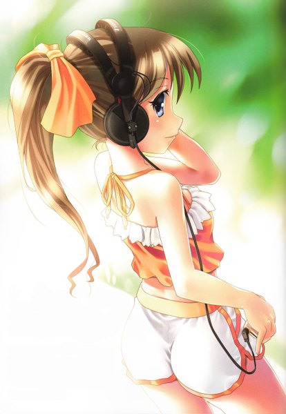 Anime picture 2095x3033 with original katahira masashi single long hair tall image looking at viewer blush highres blue eyes brown hair ass ponytail looking back girl bow hair bow shorts headphones white shorts camisole
