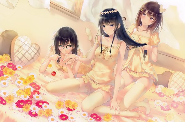 Anime picture 4000x2650 with flowers (innocent grey) innocent grey shirahane suou kousaka mayuri rikka hanabishi sugina miki long hair looking at viewer blush fringe highres short hair black hair brown hair sitting multiple girls brown eyes looking away absurdres lying