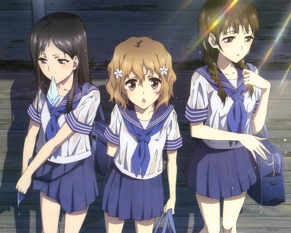 Anime picture 4000x3200 with hanasaku iroha p.a. works matsumae ohana oshimizu nako tsurugi minko long hair highres short hair black hair brown hair multiple girls brown eyes absurdres mouth hold girl serafuku 3 girls school bag