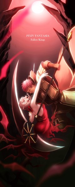 Anime picture 750x1875 with original pixiv fantasia pixiv fantasia fallen kings sasama keiji tall image fringe short hair open mouth bare shoulders holding pink hair pointy ears sleeveless pale skin face to face vampire girl dress boy weapon