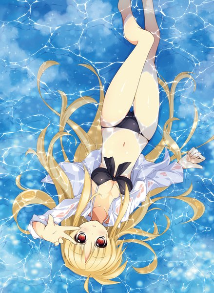 Anime picture 1476x2016 with mahou shoujo lyrical nanoha fate testarossa kanzaki sora single long hair tall image looking at viewer blush light erotic blonde hair red eyes lying barefoot open clothes bare belly on back open shirt wet clothes upside down girl