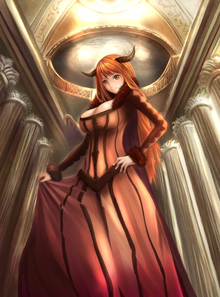 Anime picture 1080x1454 with maoyuu maou yuusha arms corporation maou (maoyuu) yazuo single long hair tall image breasts light erotic red eyes large breasts red hair horn (horns) girl dress