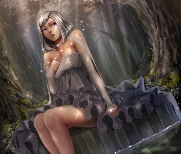 Anime picture 1000x850 with original ryota (ry o ta) single looking at viewer short hair open mouth blue eyes sitting bare shoulders silver hair girl dress plant (plants) detached sleeves tree (trees)