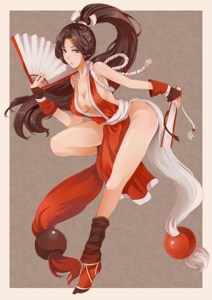 Anime picture 2480x3507 with the king of fighters snk shiranui mai mst1ng single long hair tall image looking at viewer highres breasts light erotic black hair full body ponytail legs girl gloves fan
