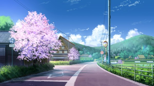 Anime picture 1920x1080 with original niko p highres wide image sky cloud (clouds) wallpaper cherry blossoms no people landscape scenic plant (plants) tree (trees) building (buildings) fence power lines road traffic mirror