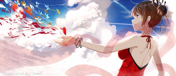 Anime picture 1100x473 with original hews single red eyes brown hair wide image bare shoulders cloud (clouds) profile girl dress hair ornament bracelet insect butterfly shawl