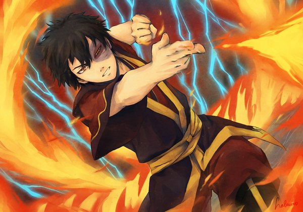 Anime picture 1143x800 with avatar: the last airbender nickelodeon zuko hakumo single short hair black hair red eyes magic lightning boy fire