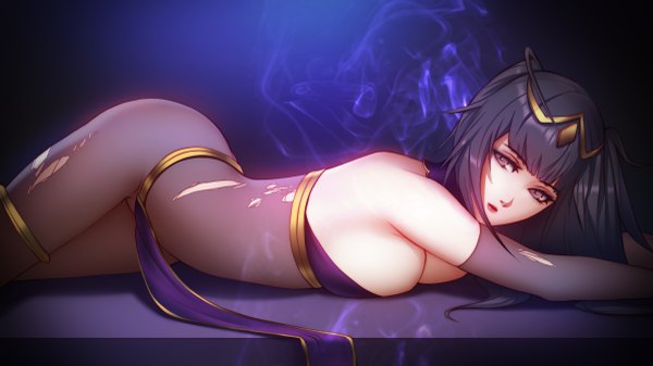 Anime picture 4800x2700 with fire emblem fire emblem awakening nintendo sarja pink lady mage single long hair fringe highres breasts light erotic black hair wide image large breasts purple eyes bare shoulders absurdres lying blunt bangs torn clothes