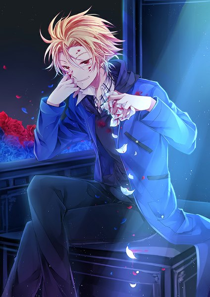 Anime picture 566x800 with kekkai sensen studio bones zetsubouou flywinga7 tall image looking at viewer short hair blonde hair smile red eyes sitting open clothes open jacket crossed legs light dark background head rest smirk boy flower (flowers)