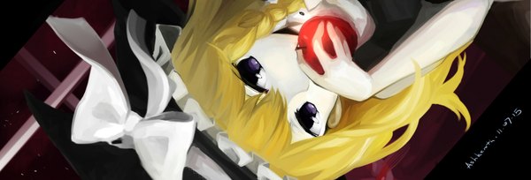 Anime picture 3024x1032 with touhou kirisame marisa sevten (ashkeroth) single long hair highres blonde hair wide image purple eyes braid (braids) witch girl bow witch hat apple