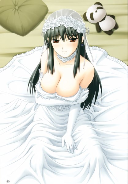 Anime picture 4172x5990 with kimi ga aruji de shitsuji ga ore de kuonji shinra shironeko sanbou tall image looking at viewer fringe highres breasts light erotic smile hair between eyes large breasts sitting bare shoulders payot absurdres cleavage bent knee (knees) from above scan