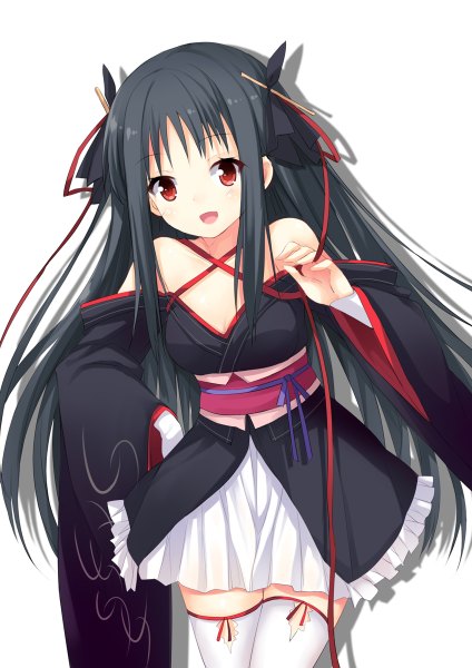 Anime picture 848x1200 with machine-doll wa kizutsukanai yaya (machine-doll) aixioo single long hair tall image looking at viewer open mouth black hair simple background red eyes white background traditional clothes japanese clothes girl thighhighs ribbon (ribbons) detached sleeves white thighhighs kimono