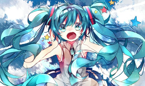 Anime picture 2000x1192 with vocaloid hatsune miku fuyusuke single looking at viewer highres open mouth wide image twintails bare shoulders very long hair aqua eyes aqua hair sparkle girl star (symbol)