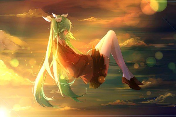 Anime picture 1205x803 with vocaloid hatsune miku huhv. single fringe twintails sky cloud (clouds) bent knee (knees) eyes closed very long hair profile pleated skirt wind sunlight aqua hair lens flare girl thighhighs skirt
