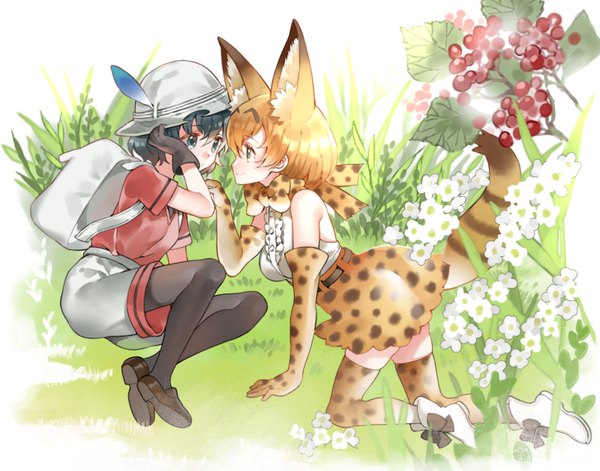 Anime picture 800x629 with kemono friends serval (kemono friends) kaban (kemono friends) shiosoda fringe short hair black hair blonde hair hair between eyes sitting bare shoulders multiple girls animal ears full body tail animal tail profile on all fours adjusting hat girl