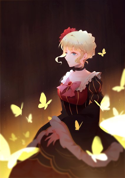 Anime picture 707x1000 with umineko no naku koro ni beatrice vienri single tall image fringe short hair blue eyes blonde hair payot hair flower wide sleeves black background girl dress flower (flowers) choker insect butterfly