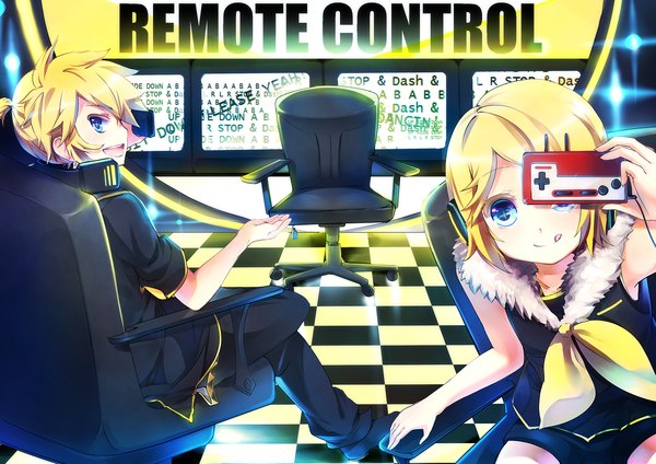 Anime picture 1200x849 with vocaloid kagamine rin kagamine len lulu season short hair open mouth blue eyes blonde hair smile sitting checkered floor girl boy hair ornament hairclip headphones chair