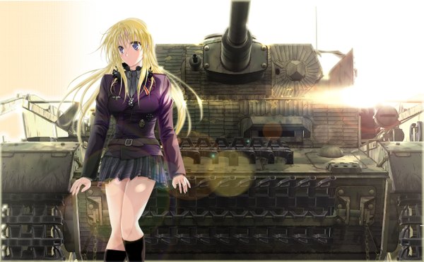 Anime picture 1297x800 with original sousei ou (artist) long hair blue eyes blonde hair wide image girl skirt uniform miniskirt socks black socks military uniform ground vehicle tank caterpillar tracks panzerkampfwagen iv