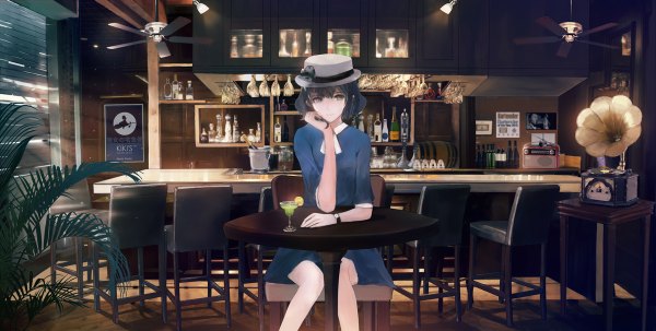 Anime picture 1200x606 with original yong kit lam single looking at viewer highres short hair black hair wide image sitting girl dress plant (plants) hat chair table clock drink pocket watch phonograph