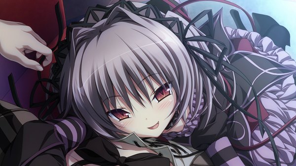 Anime picture 1280x720 with hapymaher purple software naitou maia koku single blush short hair open mouth red eyes wide image game cg grey hair girl dress headdress