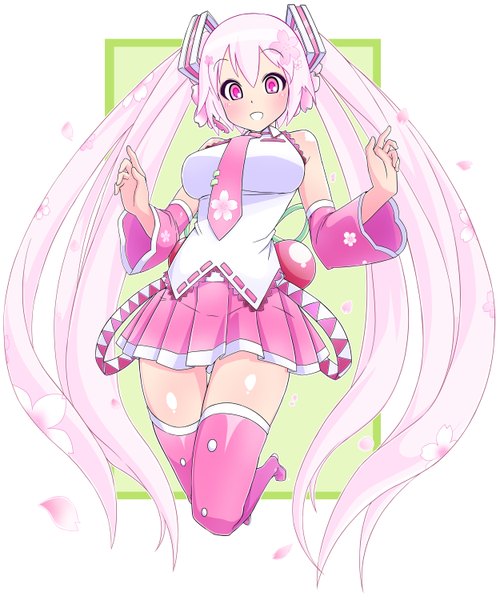 Anime picture 2500x3000 with vocaloid hatsune miku sakura miku nikupizzau single tall image blush highres twintails bare shoulders pink hair very long hair pink eyes girl thighhighs detached sleeves miniskirt