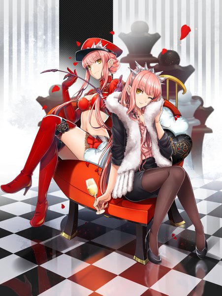 Anime picture 1300x1727 with fate (series) fate/grand order medb (fate) shimo (s kaminaka) long hair tall image looking at viewer fringe light erotic sitting multiple girls holding yellow eyes payot pink hair full body one eye closed midriff high heels reflection